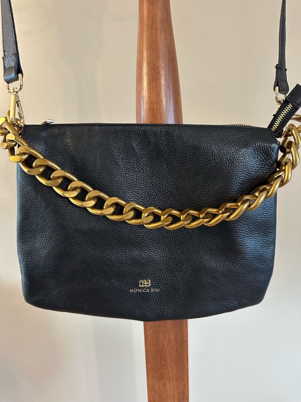 Black Leather Crossbody Bag with Gold Chain